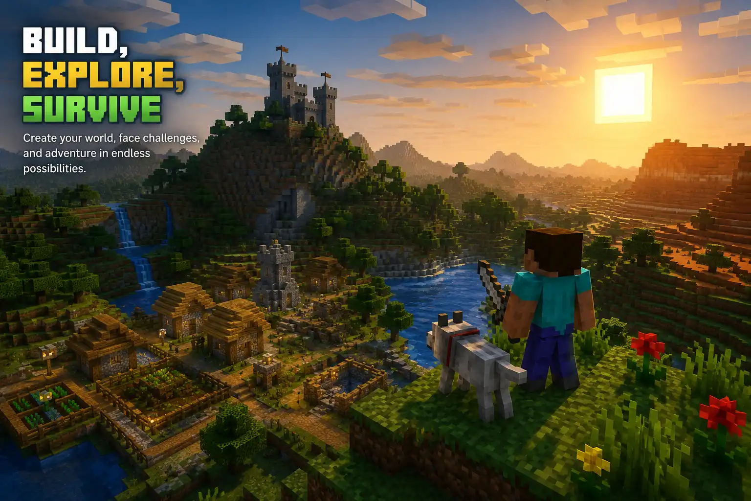 Minecraft survival adventure scene showing a player and wolf overlooking a village, castle, river, forest, and sunset landscape with Build, Explore, Survive text.